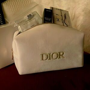 Cristian Dior white cloth and gold zipper makeup bag with lipstick ,4d mas, eye